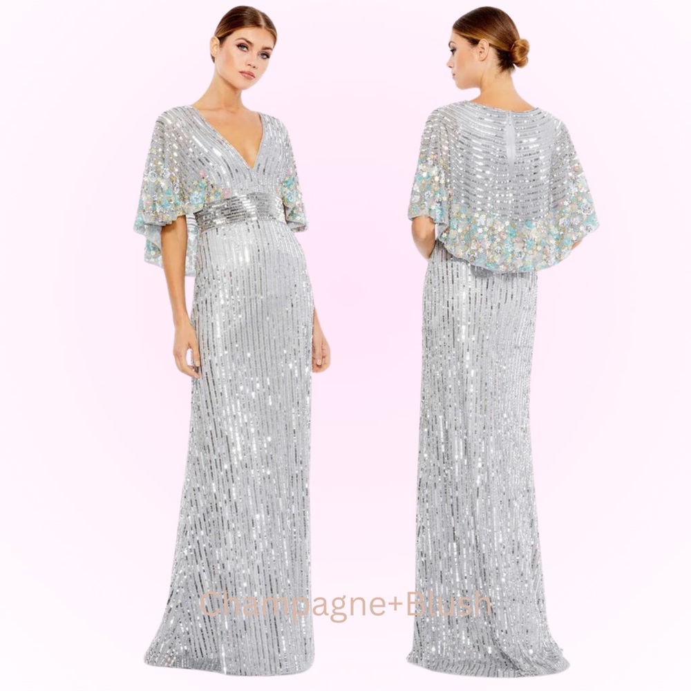 Mac Duggal | 5221 Sequined V Neck Floral Embellished Cape Sleeve Gown Size 4 NEW